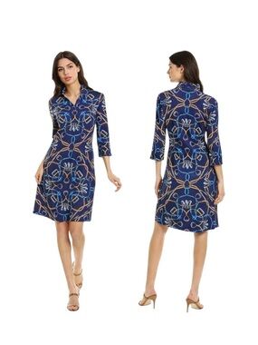 J.McLaughlin Catalina Cloth Ruffle Dress XS Blue Tan Equestrian Horse Bit Pocket